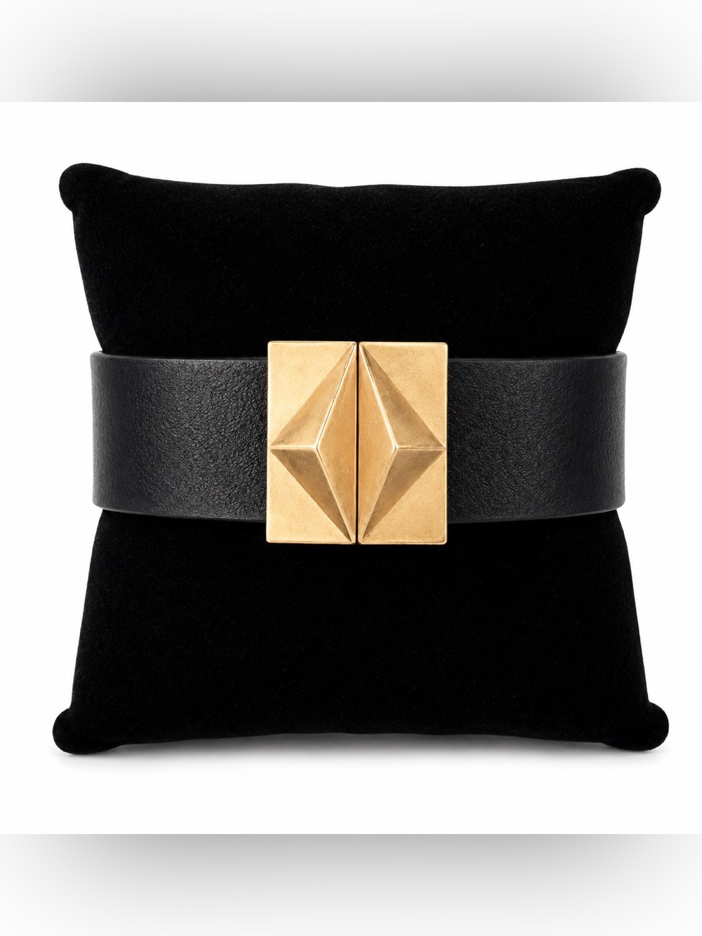 NEW - Bold Black Leather Magnetic Cuff Bracelet w Gold Geometric Pyramid Studs - Picture 3 of 4
